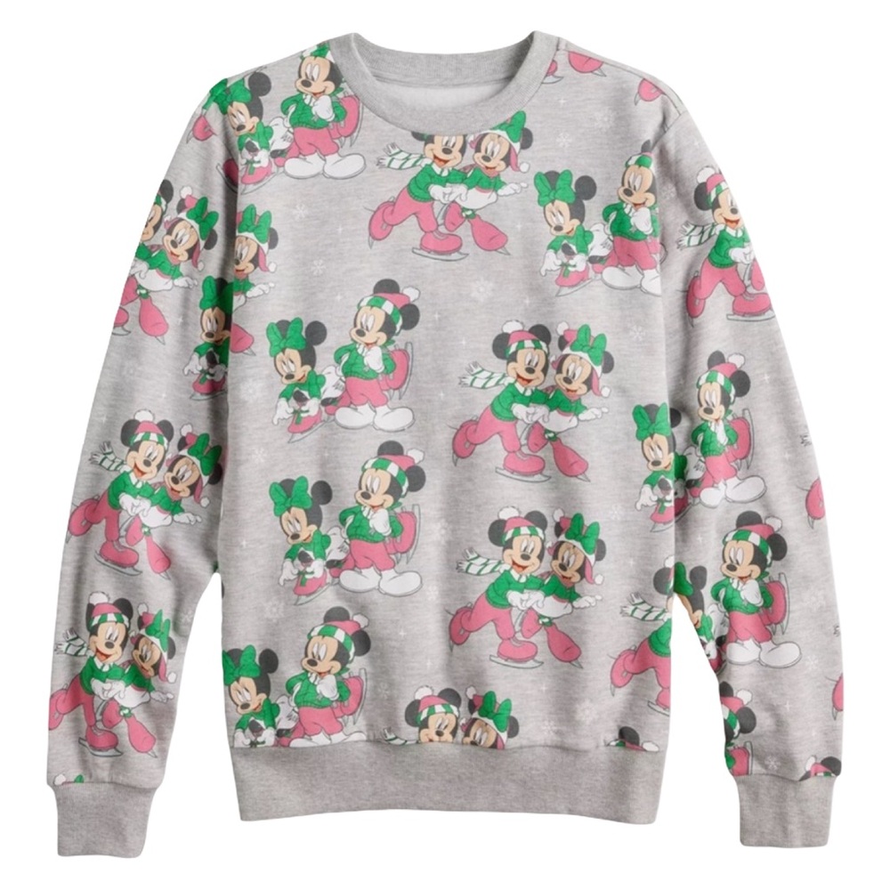 Disney Women Mickey Minnie Ice Skating‎ Gray Sweatshirt Holiday Christmas XS NWT